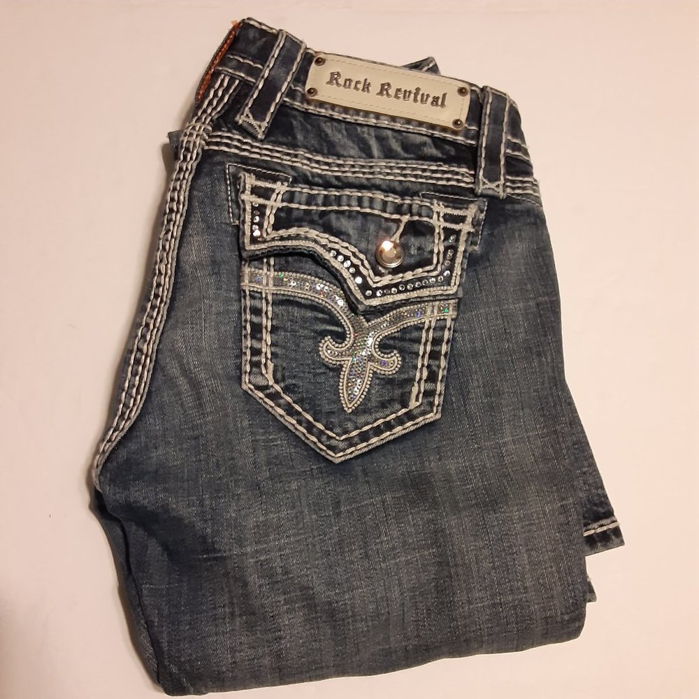 Rock Revival Women's Kai Boot Embellished Sequined Jeans E8322B25R Size 26